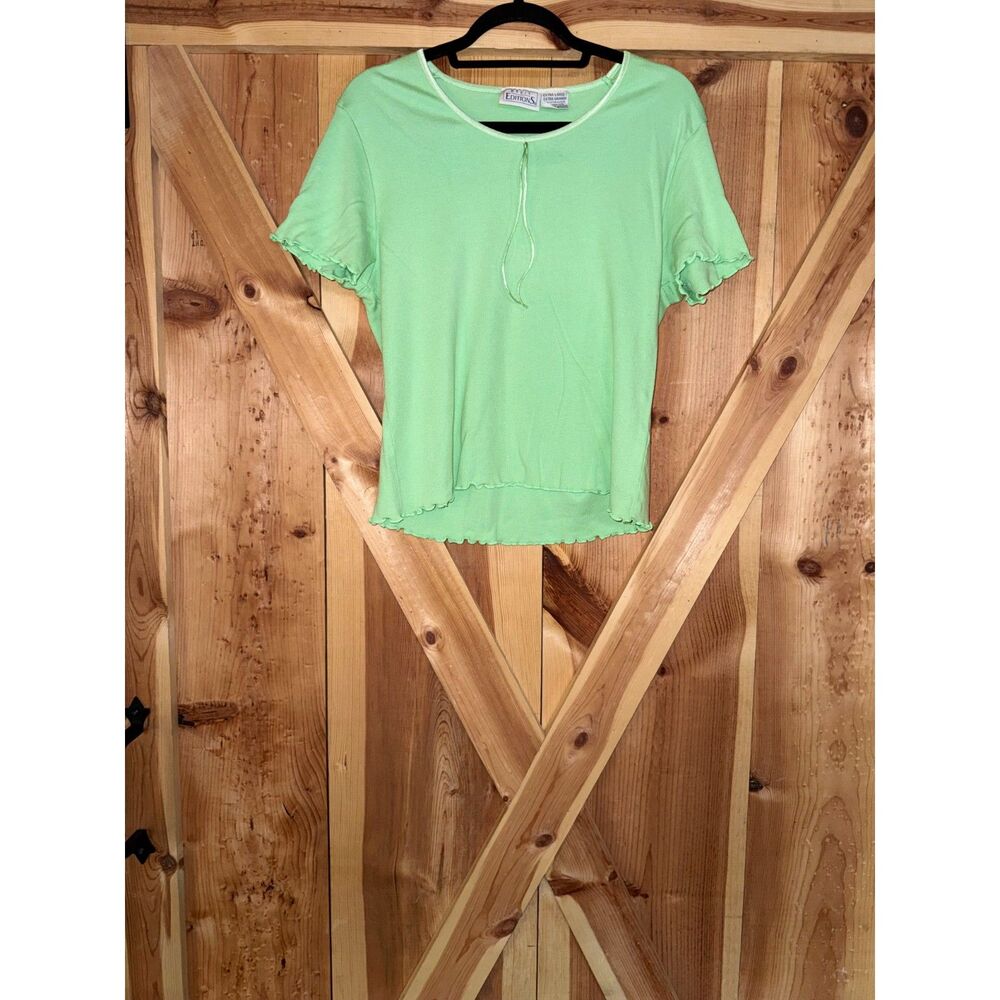 Vintage Retro Y2K Lime Green Top Women XL Ribbon Bow Ruffle Lettuce Hem Coquette